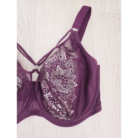 Elomi Eugenie Purple Underwire Unpadded Strappy Floral Plunge Lingerie Bra 36K - Picture 2 of 9
